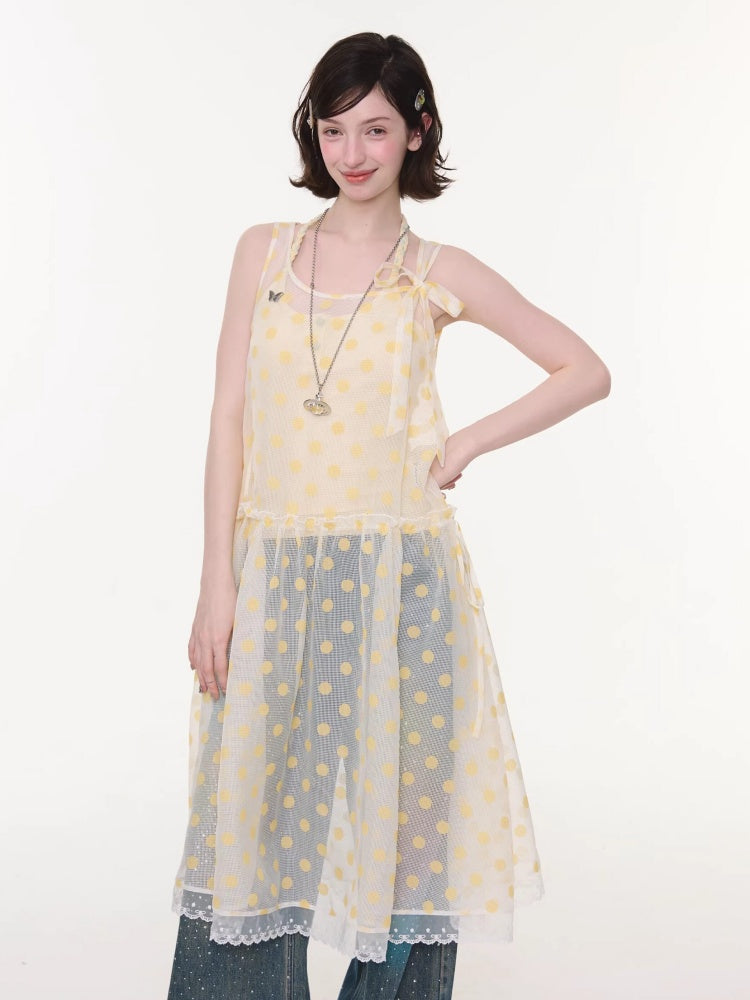 Polka Dot Mesh Semi-Transparent Layered Camisole Dress Yellow【s0000016167】