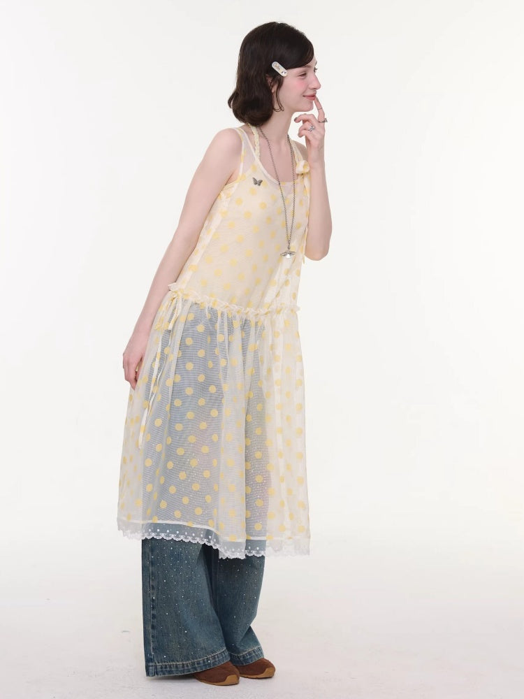 Polka Dot Mesh Semi-Transparent Layered Camisole Dress Yellow【s0000016167】