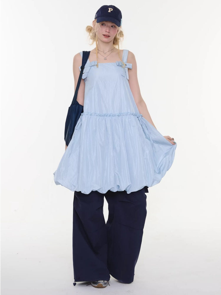 Bow Waist Pocket Camisole Dress Light Blue【s0000016168】