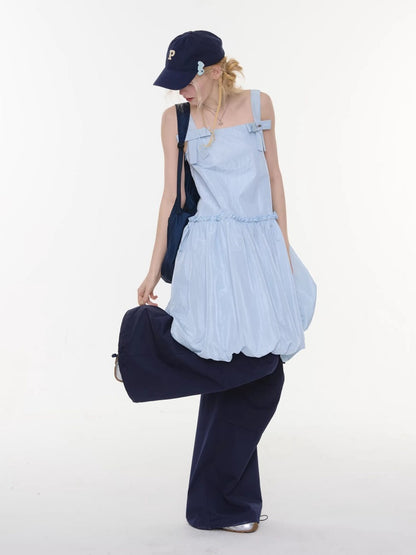 Bow Waist Pocket Camisole Dress Light Blue【s0000016168】