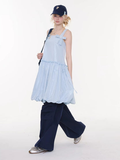 Bow Waist Pocket Camisole Dress Light Blue【s0000016168】