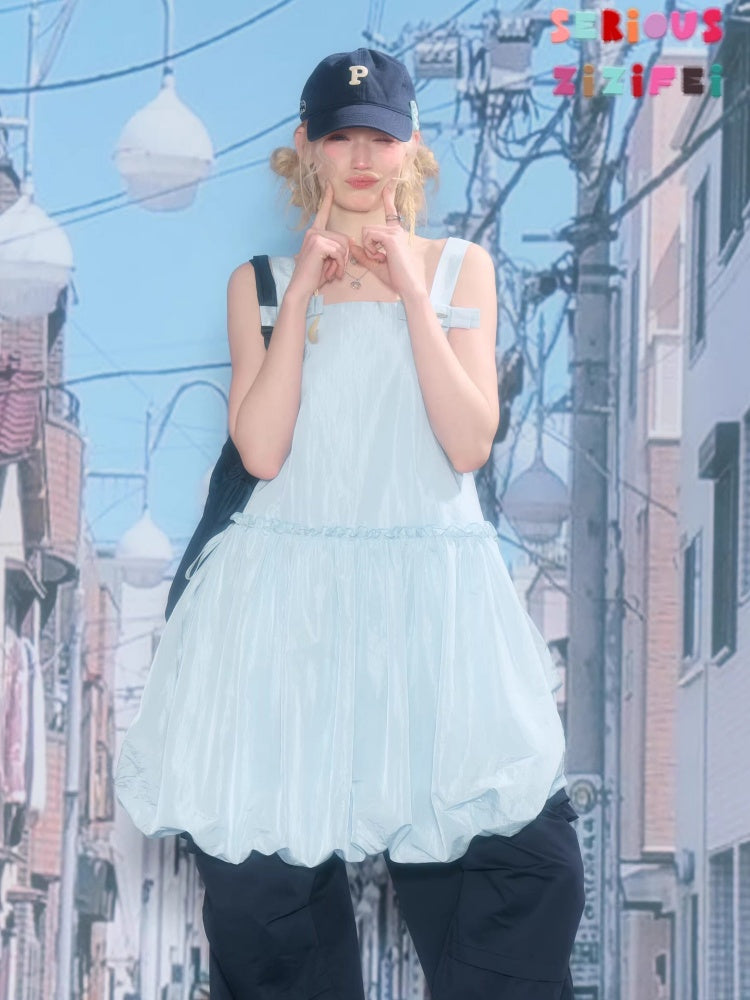 Bow Waist Pocket Camisole Dress Light Blue【s0000016168】