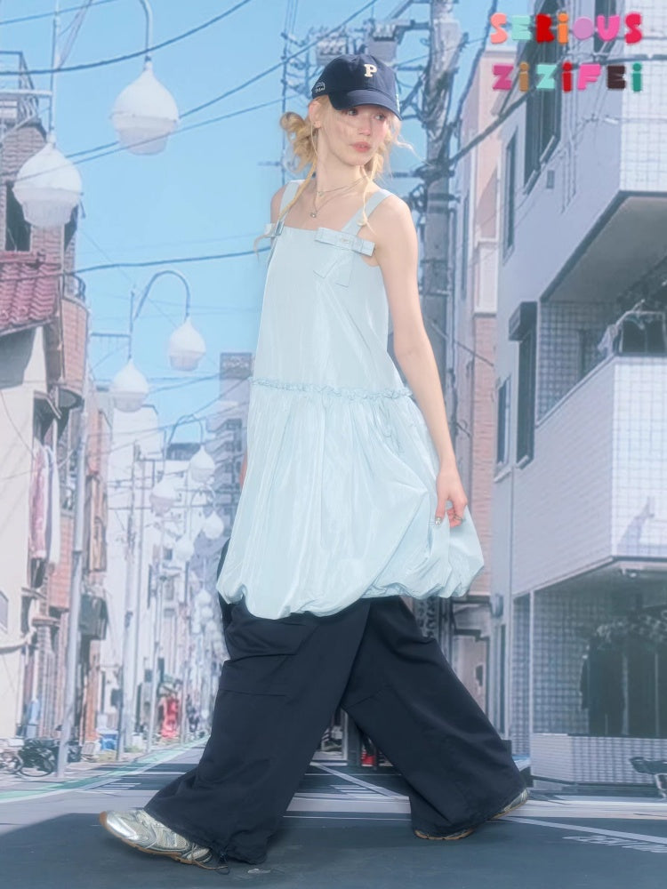 Bow Waist Pocket Camisole Dress Light Blue【s0000016168】