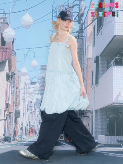Bow Waist Pocket Camisole Dress Light Blue【s0000016168】