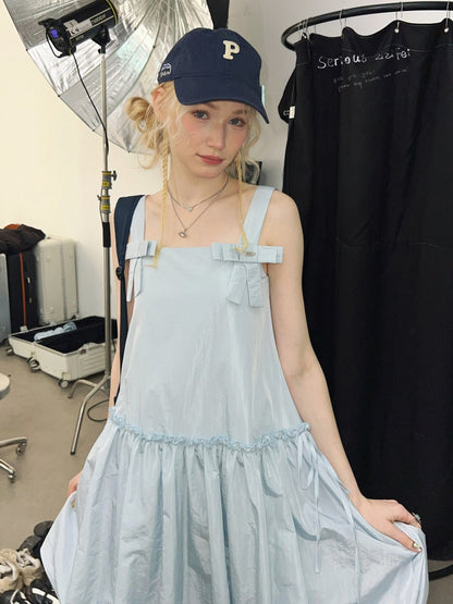 Bow Waist Pocket Camisole Dress Light Blue【s0000016168】