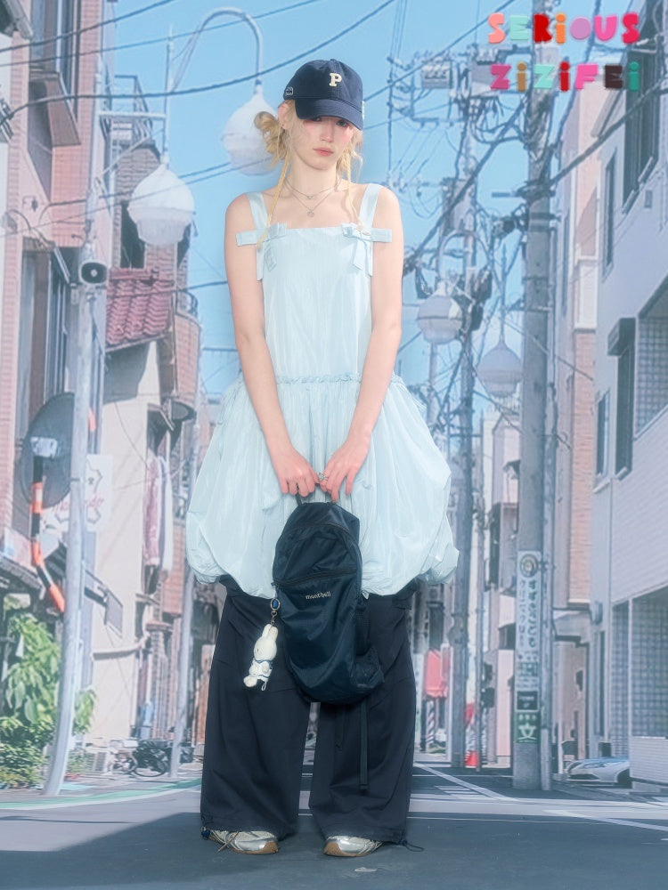 Bow Waist Pocket Camisole Dress Light Blue【s0000016168】