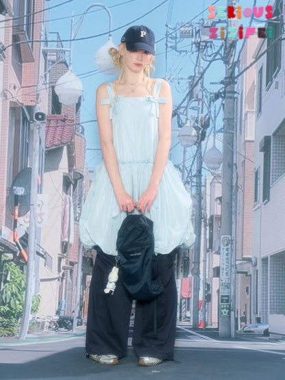 Bow Waist Pocket Camisole Dress Light Blue【s0000016168】
