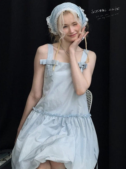 Bow Waist Pocket Camisole Dress Light Blue【s0000016168】
