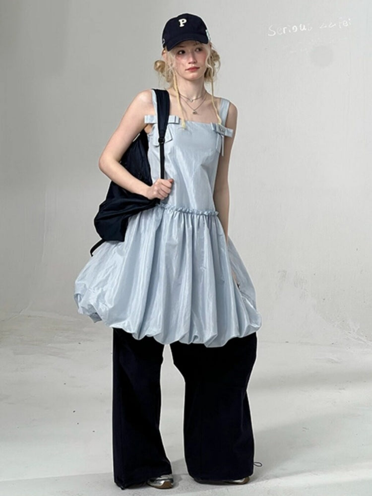 Bow Waist Pocket Camisole Dress Light Blue【s0000016168】