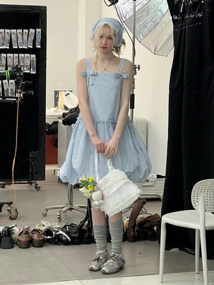 Bow Waist Pocket Camisole Dress Light Blue【s0000016168】