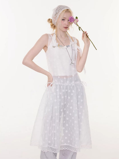 Polka Dot Mesh Semi-Transparent Layered Camisole Dress White【s0000016170】