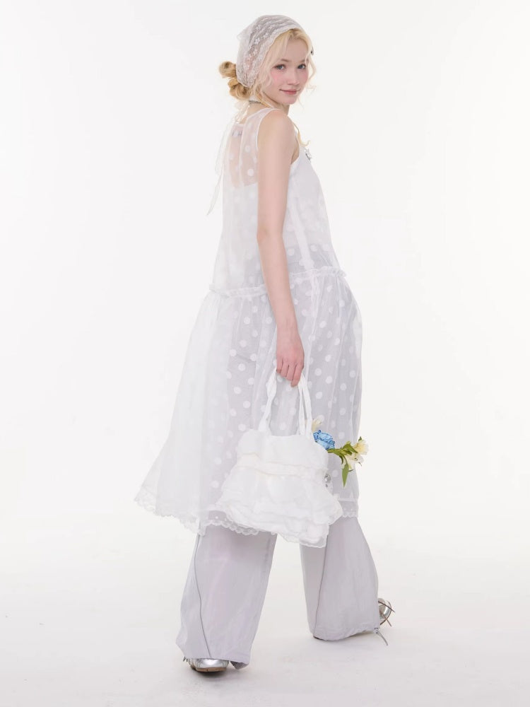 Polka Dot Mesh Semi-Transparent Layered Camisole Dress White【s0000016170】