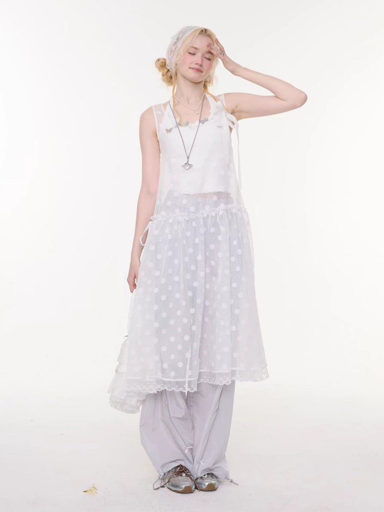 Polka Dot Mesh Semi-Transparent Layered Camisole Dress White【s0000016170】