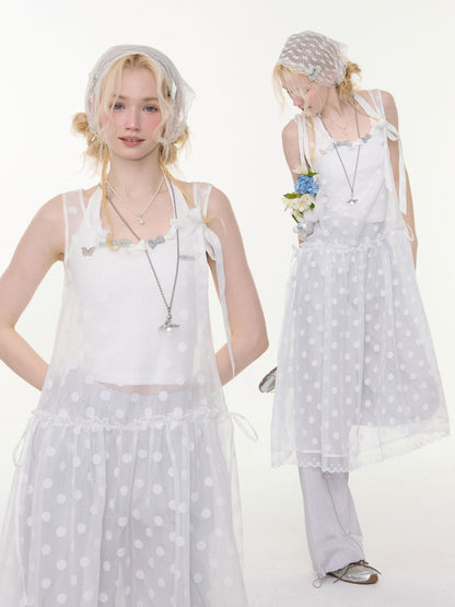 Polka Dot Mesh Semi-Transparent Layered Camisole Dress White【s0000016170】