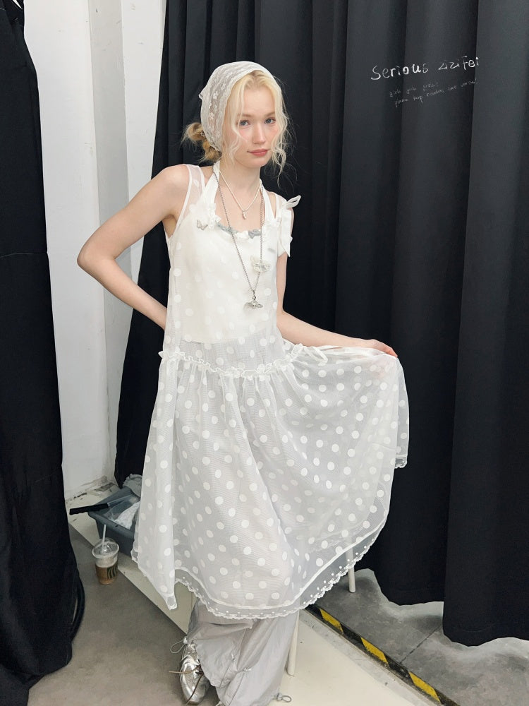 Polka Dot Mesh Semi-Transparent Layered Camisole Dress White【s0000016170】