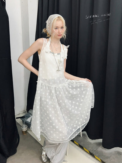 Polka Dot Mesh Semi-Transparent Layered Camisole Dress White【s0000016170】