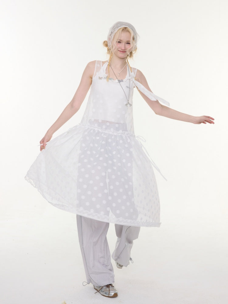 Polka Dot Mesh Semi-Transparent Layered Camisole Dress White【s0000016170】