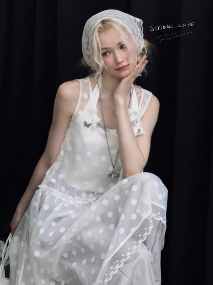 Polka Dot Mesh Semi-Transparent Layered Camisole Dress White【s0000016170】