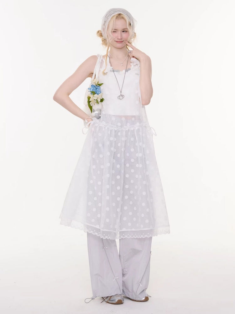 Polka Dot Mesh Semi-Transparent Layered Camisole Dress White【s0000016170】