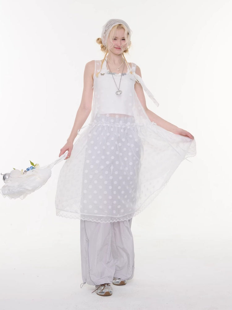 Polka Dot Mesh Semi-Transparent Layered Camisole Dress White【s0000016170】