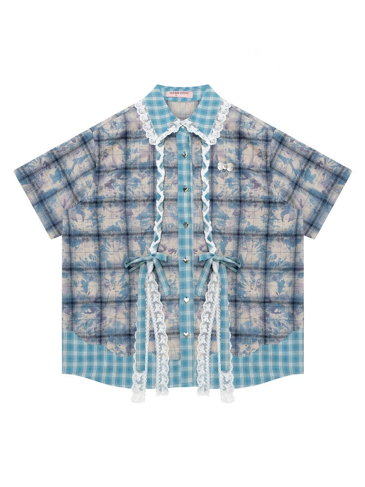 Lace Collar Twist Braid Plaid Spliced Short Sleeve Shirt【s0000016172】
