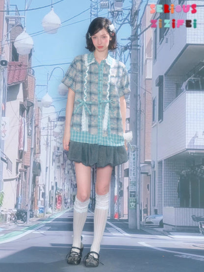 Lace Collar Twist Braid Plaid Spliced Short Sleeve Shirt【s0000016172】