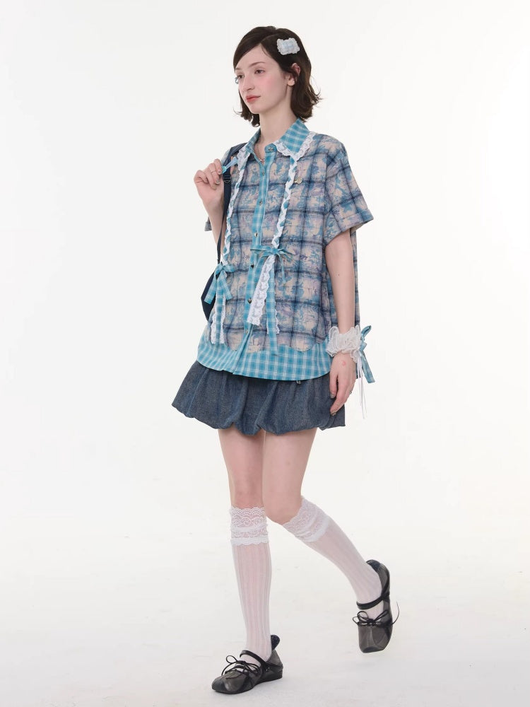 Lace Collar Twist Braid Plaid Spliced Short Sleeve Shirt【s0000016172】
