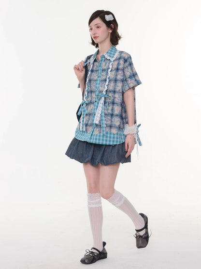 Lace Collar Twist Braid Plaid Spliced Short Sleeve Shirt【s0000016172】