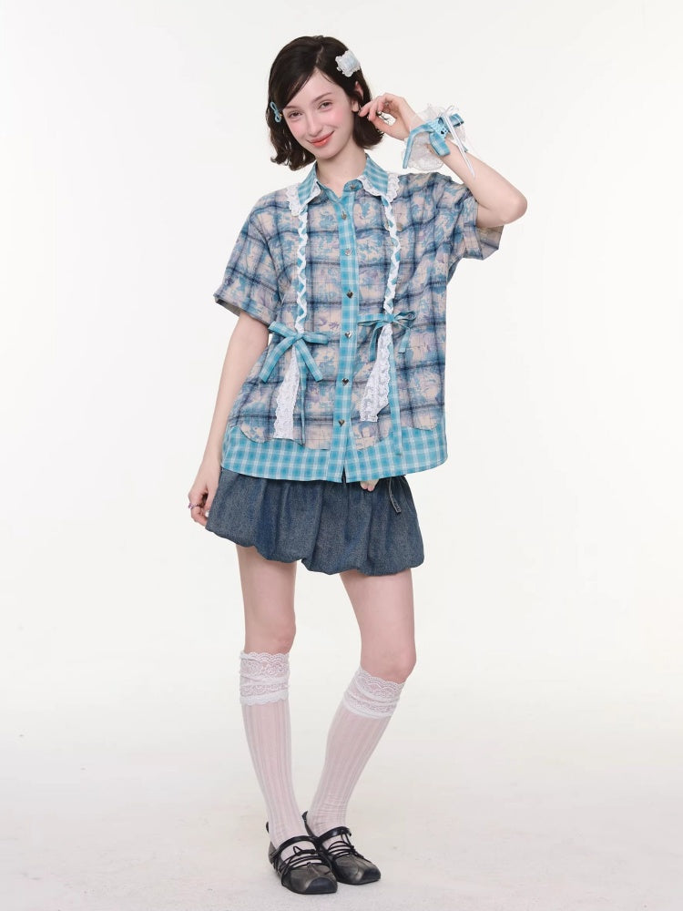 Lace Collar Twist Braid Plaid Spliced Short Sleeve Shirt【s0000016172】