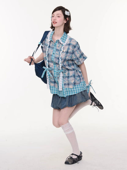 Lace Collar Twist Braid Plaid Spliced Short Sleeve Shirt【s0000016172】