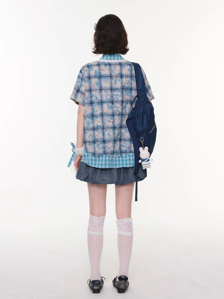 Lace Collar Twist Braid Plaid Spliced Short Sleeve Shirt【s0000016172】