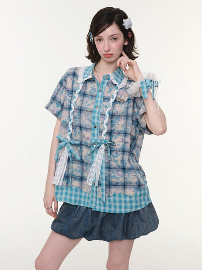 Lace Collar Twist Braid Plaid Spliced Short Sleeve Shirt【s0000016172】