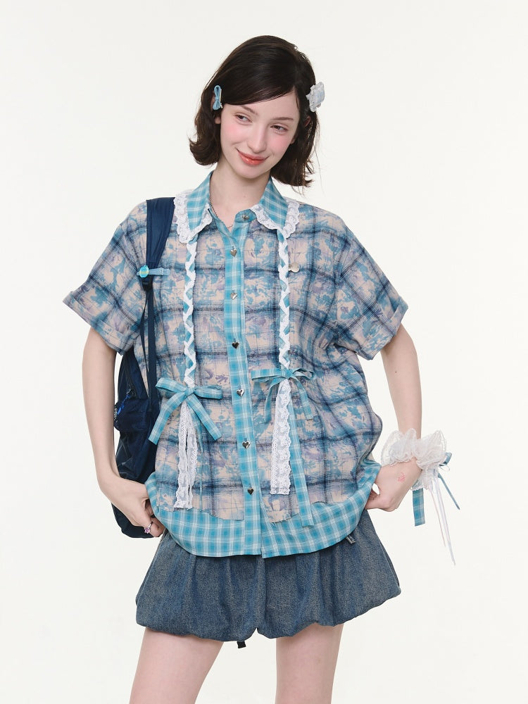 Lace Collar Twist Braid Plaid Spliced Short Sleeve Shirt【s0000016172】