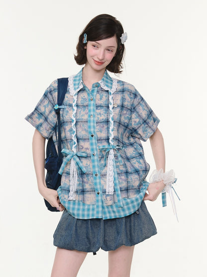 Lace Collar Twist Braid Plaid Spliced Short Sleeve Shirt【s0000016172】