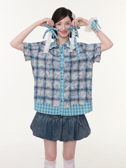 Lace Collar Twist Braid Plaid Spliced Short Sleeve Shirt【s0000016172】