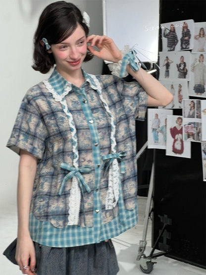 Lace Collar Twist Braid Plaid Spliced Short Sleeve Shirt【s0000016172】