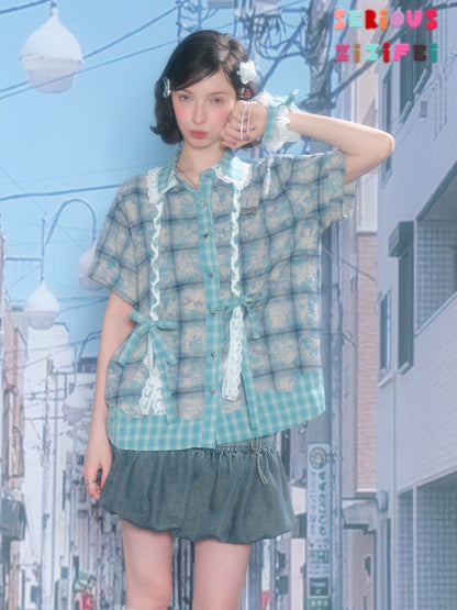 Lace Collar Twist Braid Plaid Spliced Short Sleeve Shirt【s0000016172】