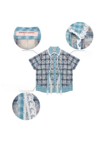Lace Collar Twist Braid Plaid Spliced Short Sleeve Shirt【s0000016172】