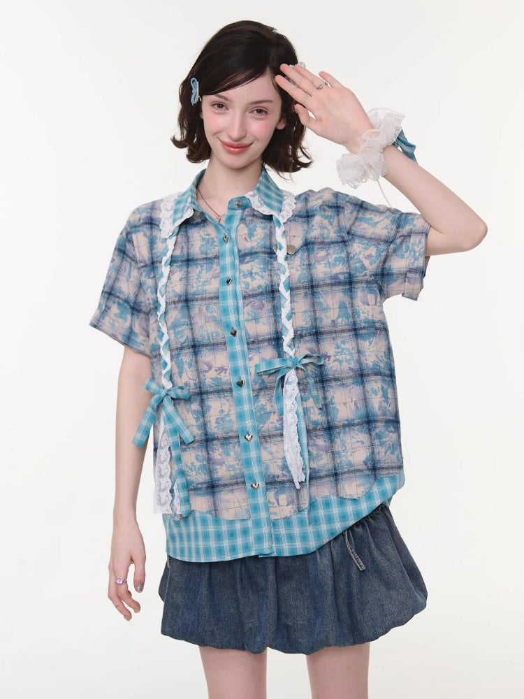 Lace Collar Twist Braid Plaid Spliced Short Sleeve Shirt【s0000016172】
