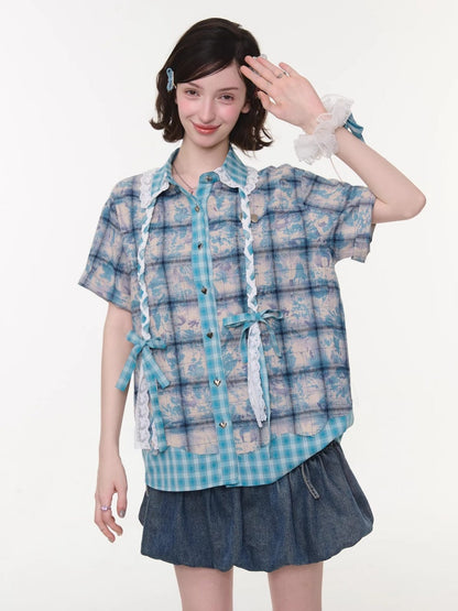Lace Collar Twist Braid Plaid Spliced Short Sleeve Shirt【s0000016172】