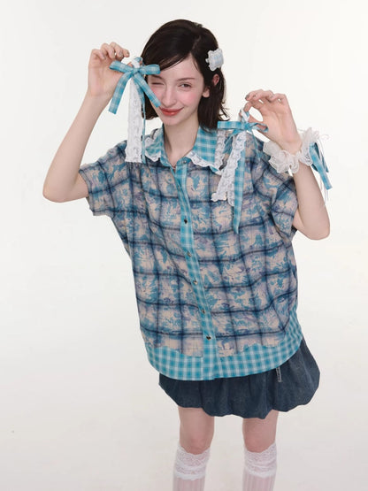 Lace Collar Twist Braid Plaid Spliced Short Sleeve Shirt【s0000016172】