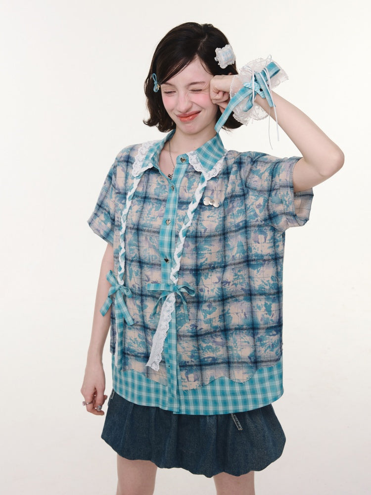 Lace Collar Twist Braid Plaid Spliced Short Sleeve Shirt【s0000016172】