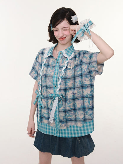 Lace Collar Twist Braid Plaid Spliced Short Sleeve Shirt【s0000016172】
