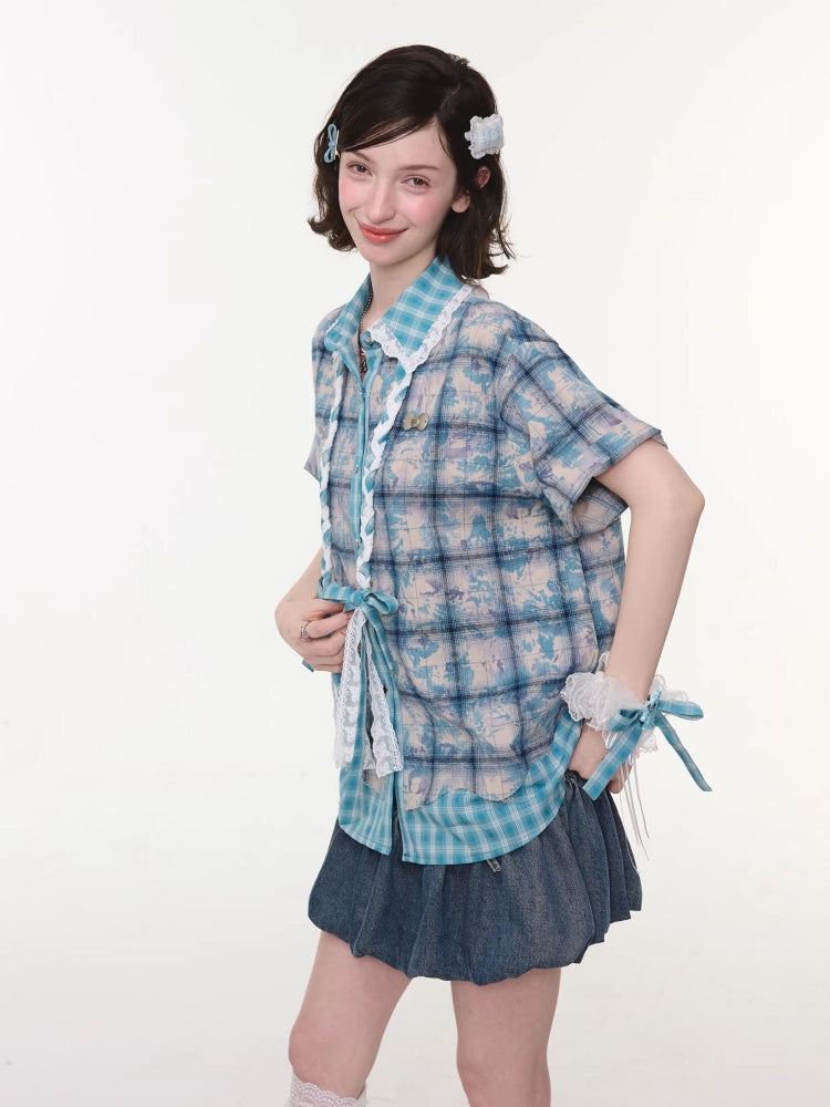 Lace Collar Twist Braid Plaid Spliced Short Sleeve Shirt【s0000016172】
