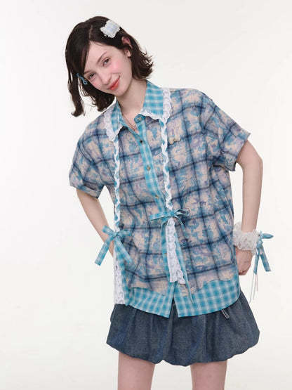 Lace Collar Twist Braid Plaid Spliced Short Sleeve Shirt【s0000016172】