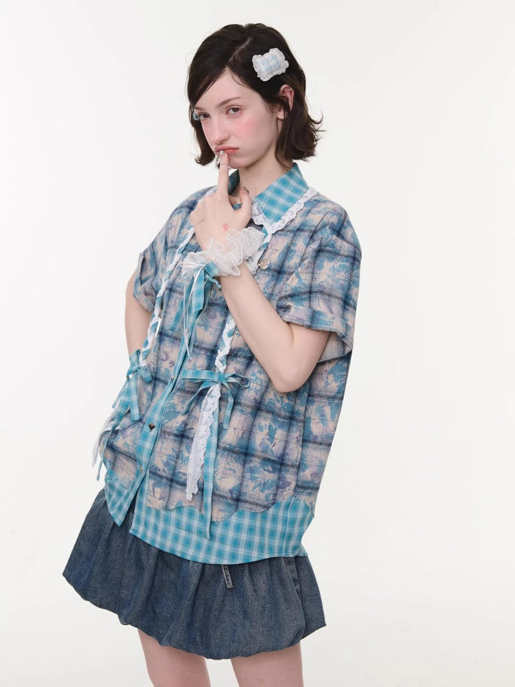 Lace Collar Twist Braid Plaid Spliced Short Sleeve Shirt【s0000016172】