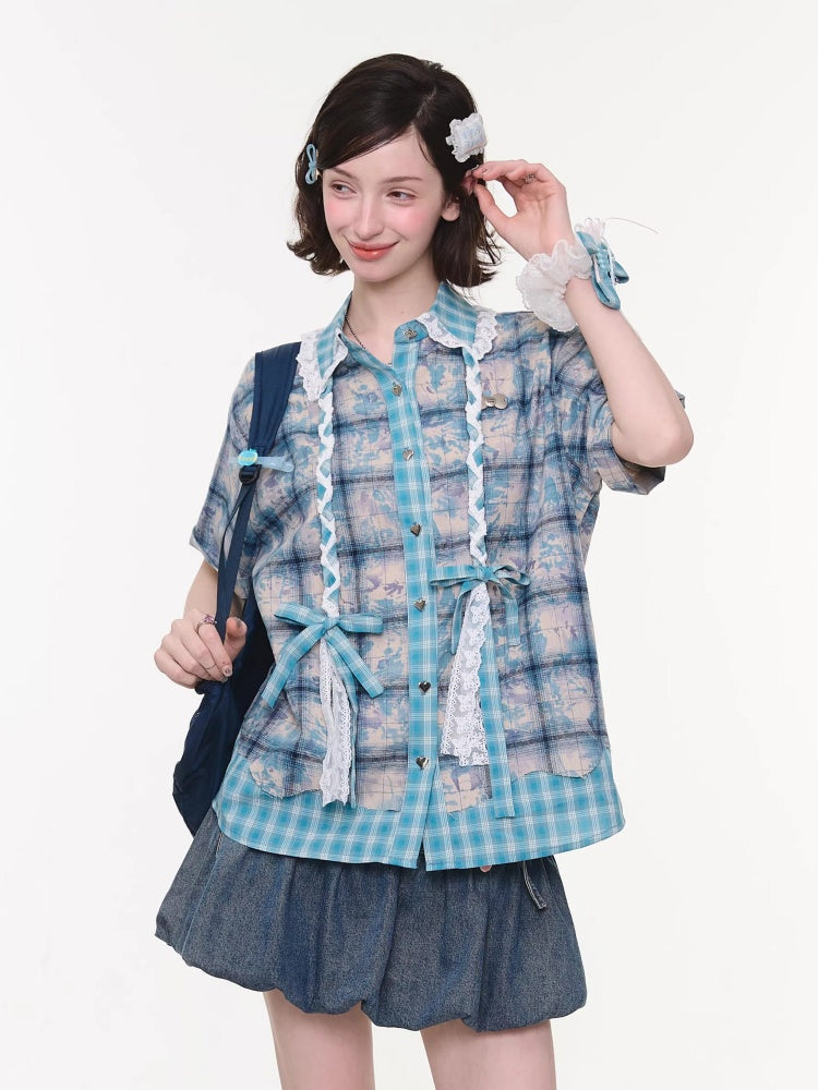 Lace Collar Twist Braid Plaid Spliced Short Sleeve Shirt【s0000016172】