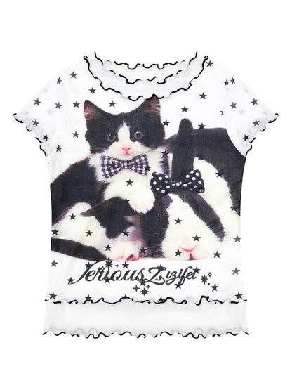 Star Polka Dot Cat Print Mesh Short Sleeve T-Shirt【s0000016173】