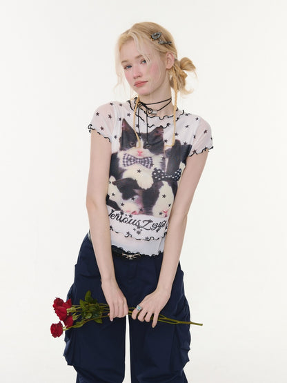 Star Polka Dot Cat Print Mesh Short Sleeve T-Shirt【s0000016173】