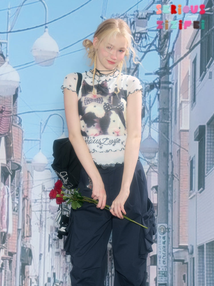 Star Polka Dot Cat Print Mesh Short Sleeve T-Shirt【s0000016173】